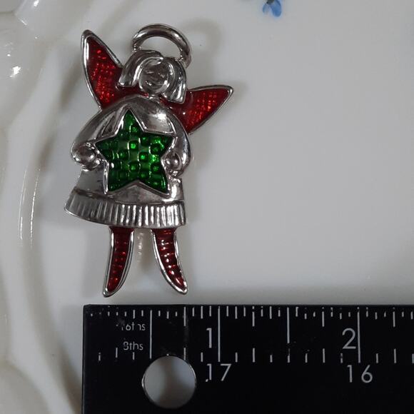 Christmas Angel Pin‎ Brooch Silver Tone with Red & Green Enamel Accents - Picture 9 of 9